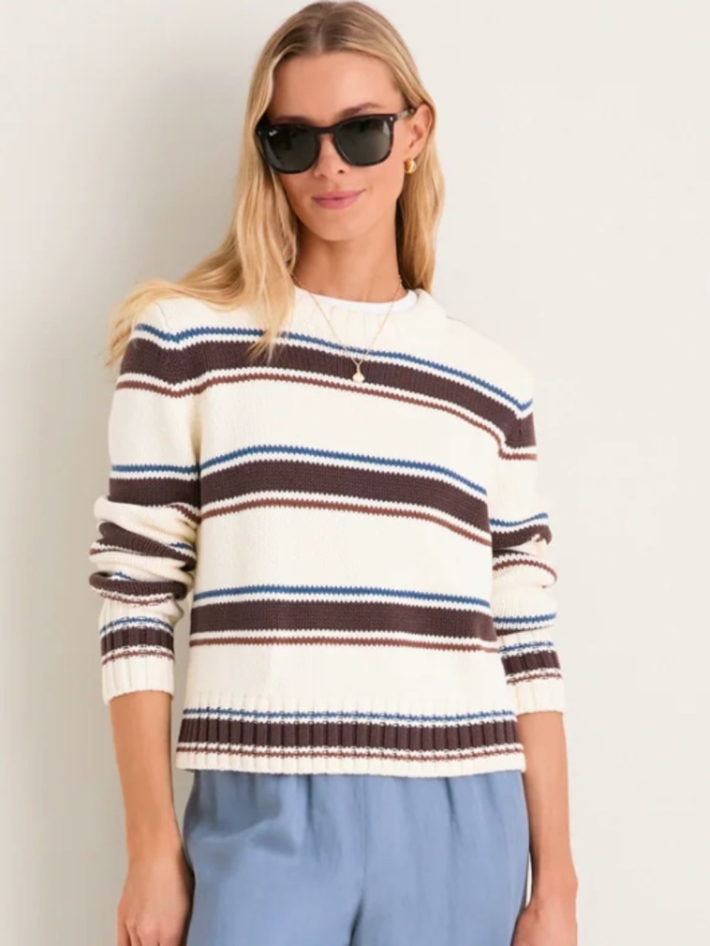 Tuckernuck Ivory and Brown Stripe Cotton William Crewneck